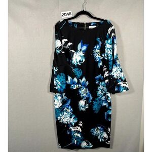 Calvin Klein Sheath Dress Women 6 Black Blue Floral Stretch Bell Sleeve Back Zip